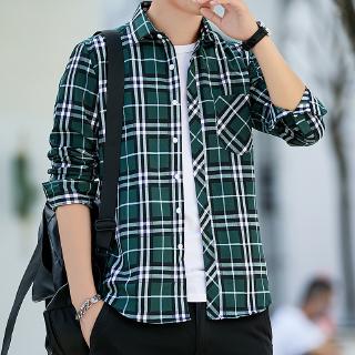 เสื้อเชิ้ตแขนยาว ลายสก็อต แต่งกระเป๋า แฟชั่นผู้ชาย（140581733413）