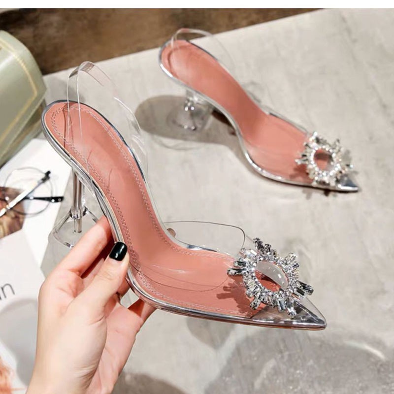 👠 35-42 รองเท้าแตะโปร่งใสหญิง 7 ซม./9 ซม.รองเท้าส้นสูงฤดูร้อนสไตล์ใหม่ Baotou กับเพชร 4142 ขนาดใหญ่ชี้ toe stiletto คริ