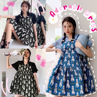 Adorable Dress เดรสทูโทนคอวี พิมพ์ลายน้องหมา โทนสีเข้ม ทรงใหญ่ oversize เดรสกระโปรง เดรสแขนตุ๊กตา งานป้าย