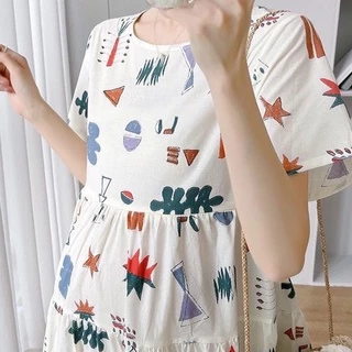 ชุดคลุมท้องมีสายผูกหลังแขนสั้น เดรสคนท้องลายน่ารักใส่สบาย เดรสคอกลมลายพิมพ์ผ้าฝ้ายราคาถูกมีราคาส่ง