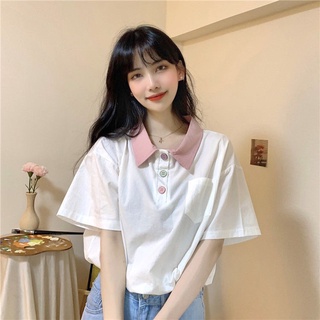 2021 summer new Korean style simple, loose and versatile drawstring contrast color polo collar top T-shirt with short sl