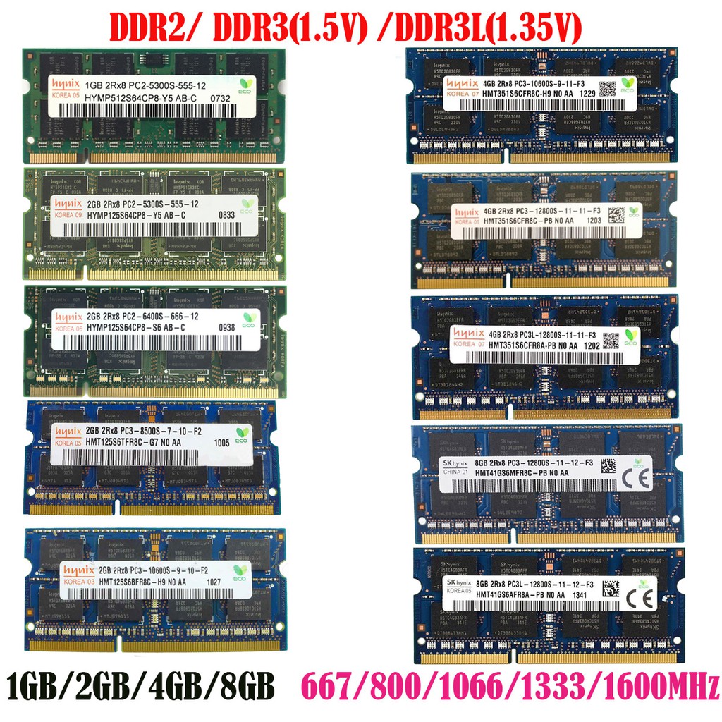 หน่วยความจําแล็ปท็อป 1GB 2GB 4GB PC2 PC3 5300S 6400S 8500S 10600S 12800S DDR2 DDR3 DDR3L 667MHz 800MHz 1333MHz 1600MHz