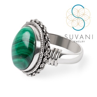 SUVANI เงินแท้ 92.5% แหวนหินมาลาไคท์ Malachite ทรงวงรี เครื่องประดับเงินแท้ Size 6 – 9