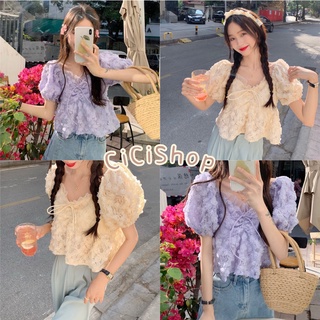 Cicishop(053)เสื้อครอปแขนสั้น ผ้าชีฟองแต่งเชือกผูกโบว์หน้าอก ปักลายดอกไม้เต็มตัวน่ารักๆหวานๆ