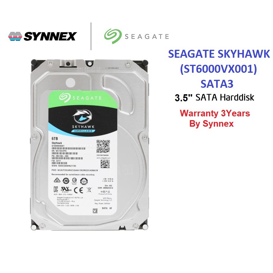 Seagate (ฮาร์ดดิสก์) HDD CCTV SEAGATE SKYHAWK 6TB (ST6000VX001) NAS Internal Hard Drive HDD 3.5 Inch