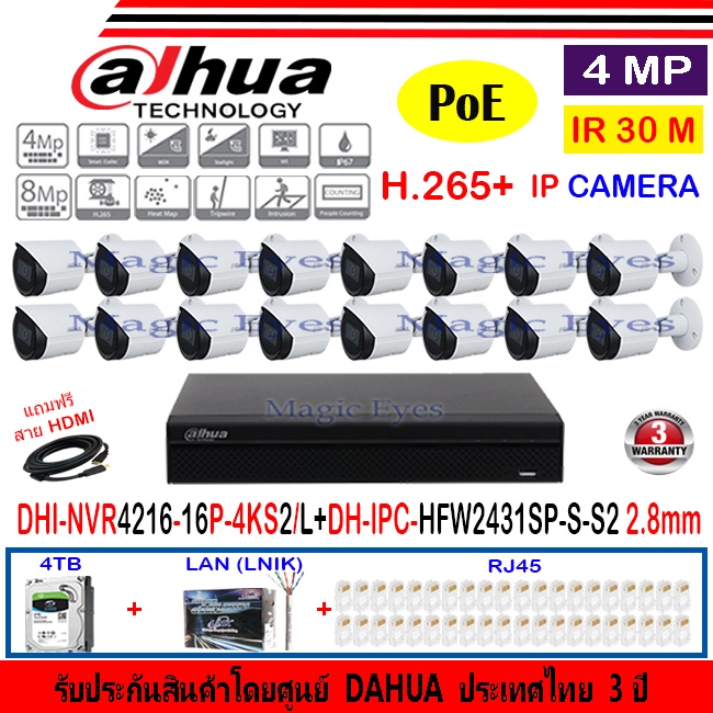 DAHUA IP Camera 4MP รุ่นIPC-HFW2431SP-S-S2 3.6mm หรือ 2.8mm(16)+DHI-NVR4216-16P-4KS2/L(1)+ชุด4H2LRJ4