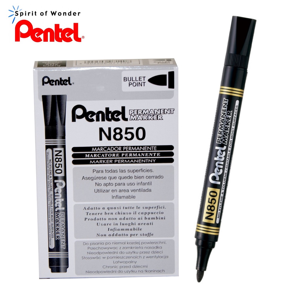 Pentel ปากกาเคมี ปากกา Permanent เพนเทล หัวกลม N850 - หมึกสีดำ (12 ด้าม)