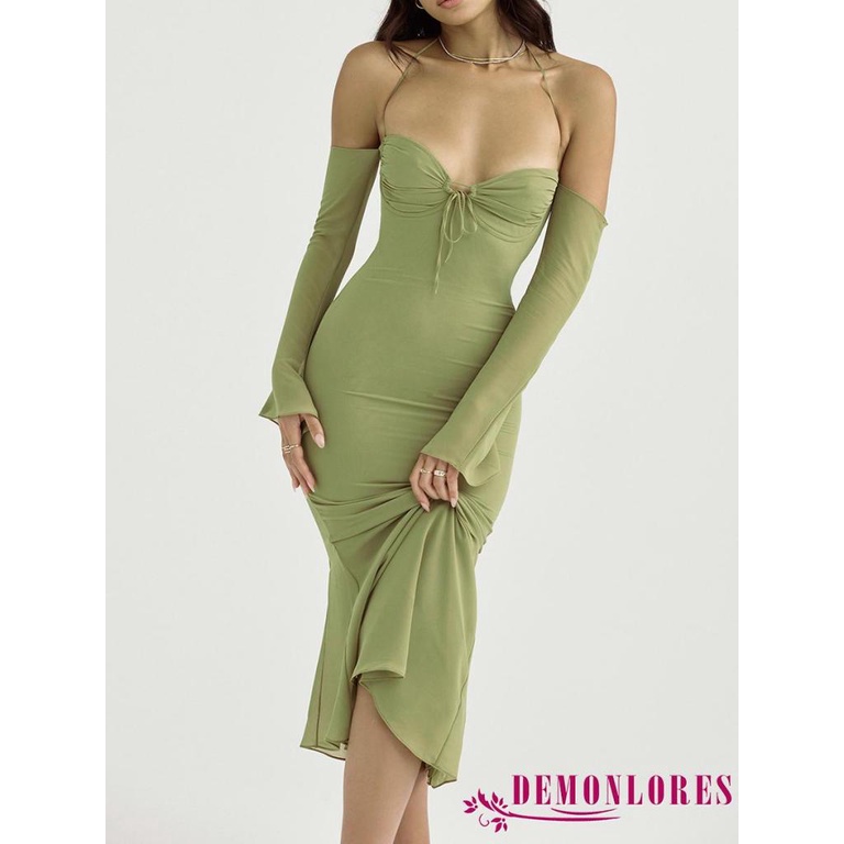 Demonlores-women Elegant Midi Dress Halter Low-cut Tie-up แขนยาวสีทึบ Fishtail Party Dress
