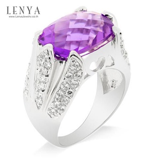 Lenya Jewelry  แหวนประดับพลอยอะเมทิสต์ (Amythyst) สีม่วงพร้อมประดับเพชร DiamondLike บนตัวเรือนเงินแท้ชุบทองคำขาว