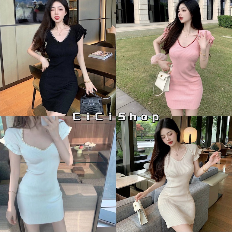 Cicishop(9695)เดรสไหมพรม แต่งขอบระบาย ยืดได้เยอะ เข้ารูป น่ารักมากๆ