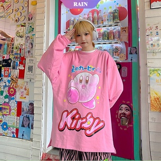 เสื้อยืดแขนยาว แบบสวมหัว พิมพ์ลายการ์ตูนอนิเมะ Kirby Kawaii สีชมพู สีขาว ทรงหลวม สไตล์ฮิปฮอป โอเวอร์ไซซ์ สําหรับผู้หญิง [RAIN]