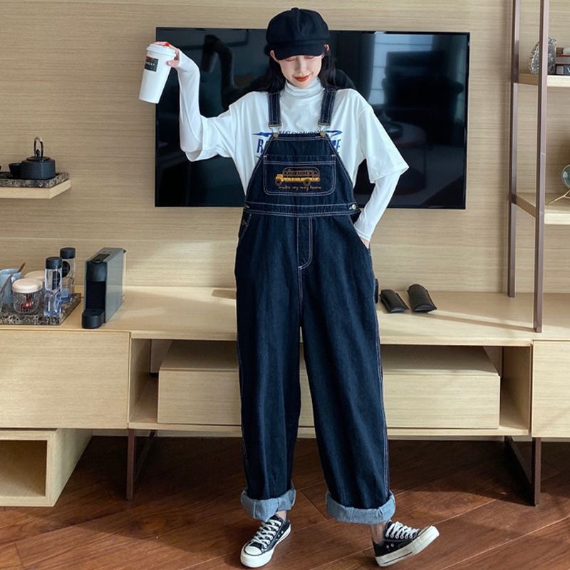 Jeans denim เอี๊ยมยีนส์วินเทจ ชาย/หญิง ใส่ได้ ปักลายการ์ตูน ทรงหลวม Over size ปักลายการ์ตูน