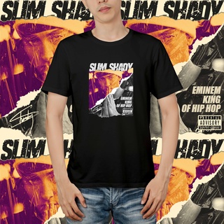 แขนสั้นcrew neckเสื้อยืด พิมพ์ลายแร็ปเปอร์ Eminem Slim Shady สีดํา และสีขาว สไตล์ฮิปฮอปS-XXXXL