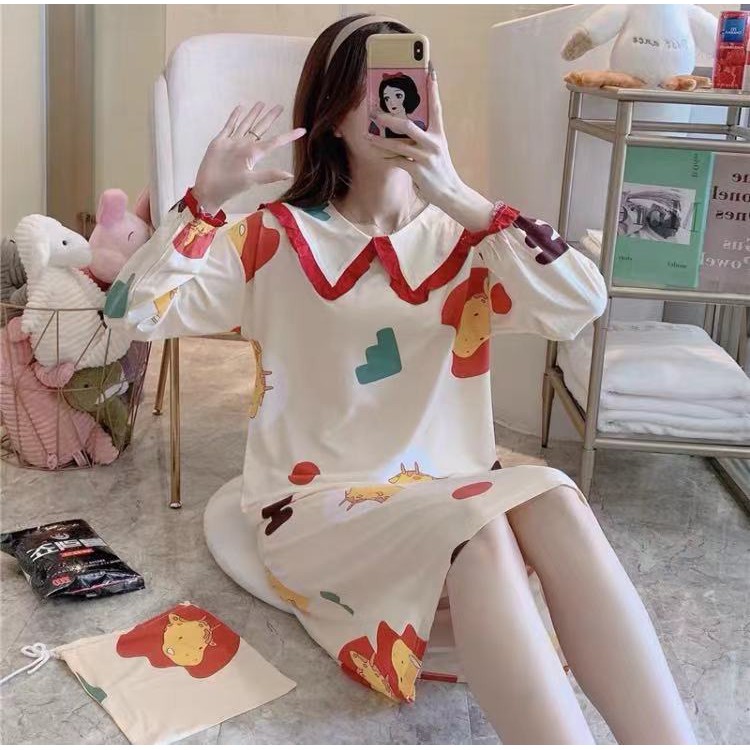 198-พร้อมส่ง ชุดนอนกระโปรงเเขนยาว พิมลาย พร้อมมีผ้าถุงให้ มีไซส์M-XXL กดสั่งเลยค่ะ