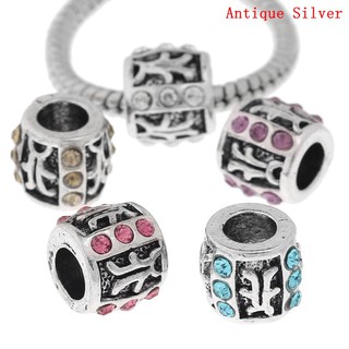 ลูกปัดยุโรปเงิน antique ทรงถังประดับพลอย Rhinestone มี 5 สี ขนาด 11mm x 9mm( 3/8" x 3/8") รูประมาณ 5.2mm จำนวน 5 เม็ด