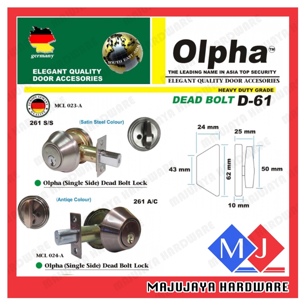OLPHA เดี่ยว Dead Bolt ล็อค D-61 กระบอกเดี่ยว Deadbolt และ Key ล็อค Dead Bolt Kunci Pintu ทองแดงโบรา