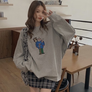 2021 Autumn New Fashion Chic Loose Mid-Length Cartoon Print Long-Sleeved Round Neck Sweater Women เสอื้ ไหมพรม