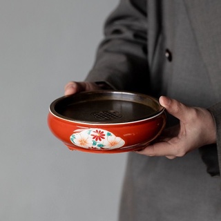 Hand-painted orchid tin tea tray Antique Chinese style high-footed water storage tea tray Round handmade dry brewing