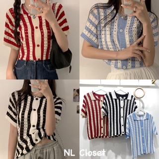 เสื้อไหมพรมแขนสั้นปกเชิ้ต กระดุมกน้าเรียง ทอลายริ้ว เจาะฉลุทั้งตัว น่ารักมากค่ะ มี 3 สี