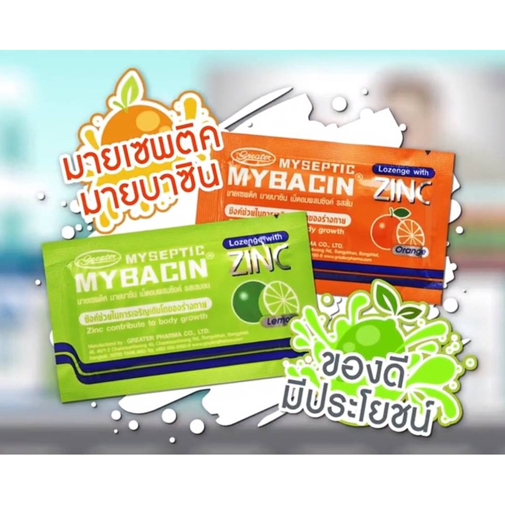Mybacin Zinc ลูกอม มายบาซิน ซิงค์ Mybacin OTC Mint บรรเทาอาการเจ็บคอ