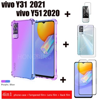 (4-In-1)Y21 2021 VIVO Y33S ฟิล์มกระจกนิรภัย กันรอยหน้าจอ ฟิล์มกันรอยเลนส์กล้อง ฟิล์มกันรอยด้านหลัง ลายเคฟร่า สําหรับ Vivo Y31 2021 Vivo Y51 2020