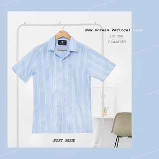 แขนสั้นลายริ้วคู่ผ้าคอตตอนซาตินสีฟ้า ราคา 290 เท่านั้น!!! KOREAN VERTICAL SHORT SLEEVE SHIRTS