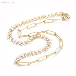 Beebeecraft 1pc Brass Paperclip Chain/Cobs Chain Necklaces with 304 Stainless Steel Toggle Clasps Leaf Golden 17 inches(43.3cm) for Jewelry Making