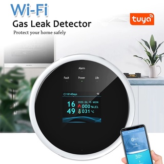 🛒 Tuya Smart Wifi เครื่องตรวจจับการรั่วไหลของก๊าซที่ติดไฟได้พร้อมเซ็นเซอร์อุณหภูมิจอแสดงผล LCD แหล่งจ่ายไฟ USB [mo]