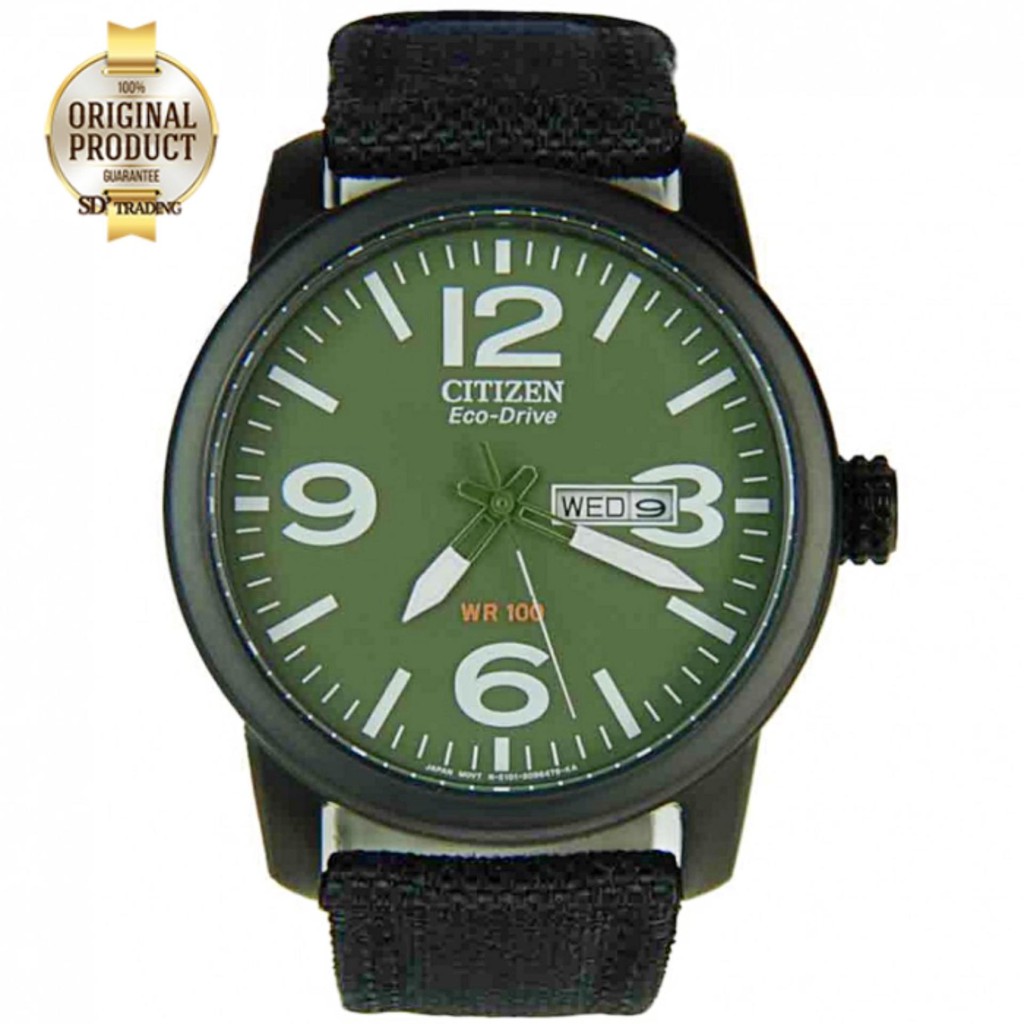 CITIZEN Eco-Drive Military Black Out Nylon Strap Men's Watch รุ่น BM8475-00X - Black PVD / Green