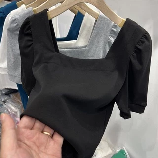 เสื้อยืดแขนสั้น คอสี่เหลี่ยม แขนพอง ผ้าฝ้ายแท้ สไตล์เกาหลี สําหรับผู้หญิง