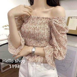 เสื้อลายดอกแขนสามส่วน คอเหลี่ยมแต่งระบายรอบเอว เรียบหรูดูดีผ้านิ่มใส่สบาย