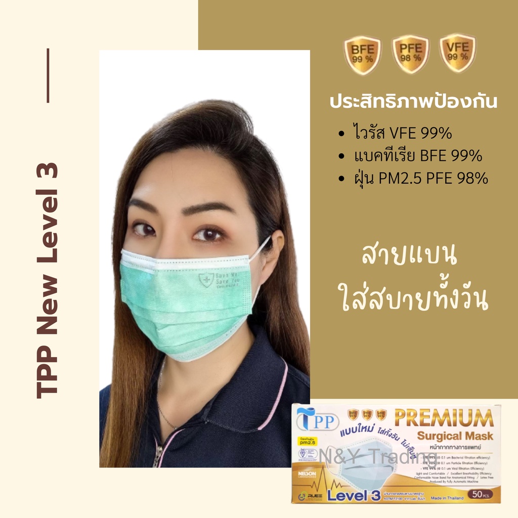 TPP Premium Surgical Mask แมสเลเวล 3 รุ่นใหม่ สายแบนใส่สบายทั้งวัน หายใจสะดวก  จัดส่งสินค้าทุกวัน กดสั่งได้เลยค่ะ