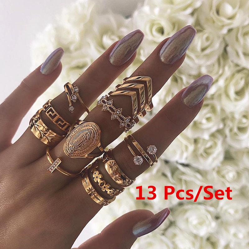13 ชิ้น/เซ็ต Vintage Gothic Midi แหวนชุดผู้หญิง Boho คริสตัลเรขาคณิตดอกไม้ Cross Hollow Knuckle แหวนเครื่องประดับงานแต่งงาน