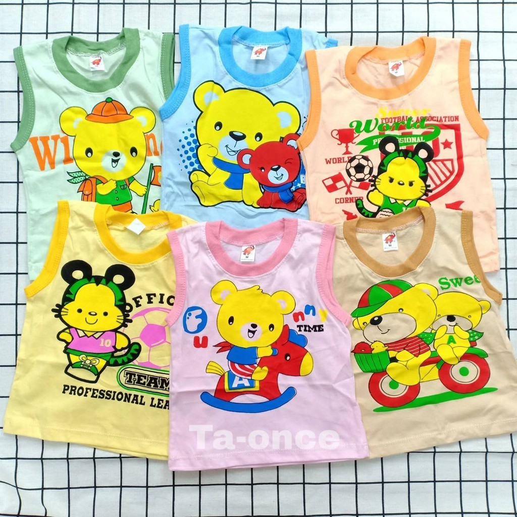 [3 ตัว 100฿] เสื้อแขนกุดเด็ก สีสด/สีหวาน เสื้อกล้ามเด็ก ลายการ์ตูน ผ้าคอตตอน (KD142)