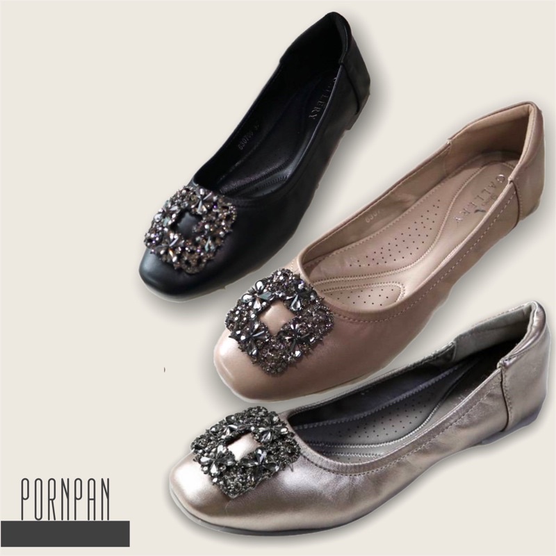 Shoes Gallery รองเท้า คัชชู ทำงาน หัวตัด ไม่มีส้น ส้นแบน รองเท้า pu หนังแกะ พื้นนิ่ม สีดำ กากี เทา ป