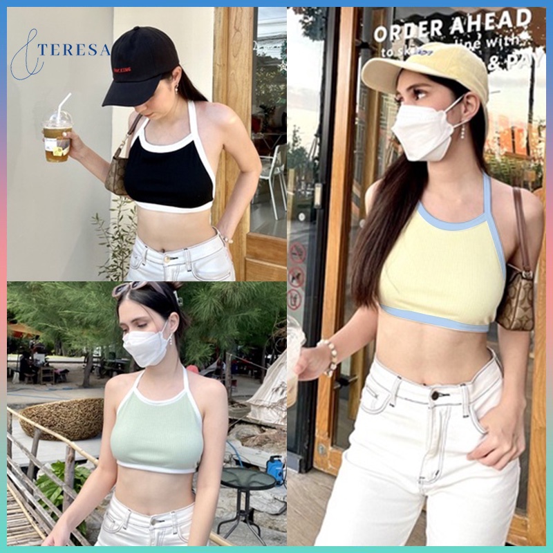 เสื้อครอปแฟชั่นเว้าหลัง เสื้อสายเดี่ยวสีพื้นๆ เสื้อกล้ามเอวลอยแบบผูกคอใส่เที่ยวใส่สบายราคาขายส่งพร้อมส่งมือหนึ่ง