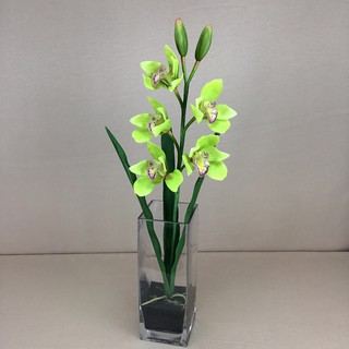 OrientalFineArt ดอกกล้วยไม้ปลอม cymbidium ในแจกันแก้วทรงสี่เหลี่ยม สวยเรียบมีสไตล์(SQB-6314)