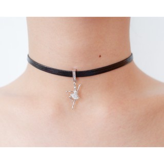 Choker สร้อยโชคเกอร์สายหนังสีดำ จี้รูปนักเต้นบัลเลต์ Crystal Choker Black Faux Leather