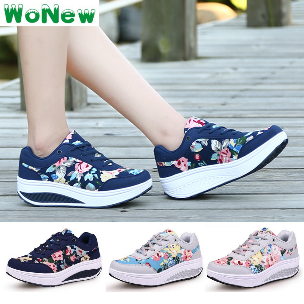 ผู้หญิง Shake รองเท้า Lace Up Wedge รองเท้าผ้าใบรองเท้ากีฬาลําลอง