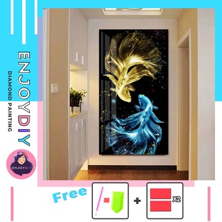 ครอสติสคริสตัล 5d diy diamond painting แบบเม็ด Enjoydiy ชุดปักครอสติส พิมพ์ลาย ปลากัดคู่ (ทองฟ้า) ติดเต็ม เม็ดกลม