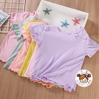 [พร้อมส่ง]เสื้อเด็กผู้หญิงสีพาสเทล ระบายแขนติดโบว์ น่ารักมุ้งมิ้งใส่สบาย