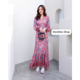 MM6062👗Floral Printed Maxi dress  แม็กซี่เดรสคอวีแต่งแขนพอง พิมพ์ลายดอกไม้ งานสวยเวอร์วังมากๆนะคะ ด้านหลังแต่งสายผูก