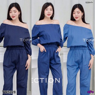 J5228 Jumpsuit จั้มสูทปาดไหล่ยีนส์เทียมฟอกสี