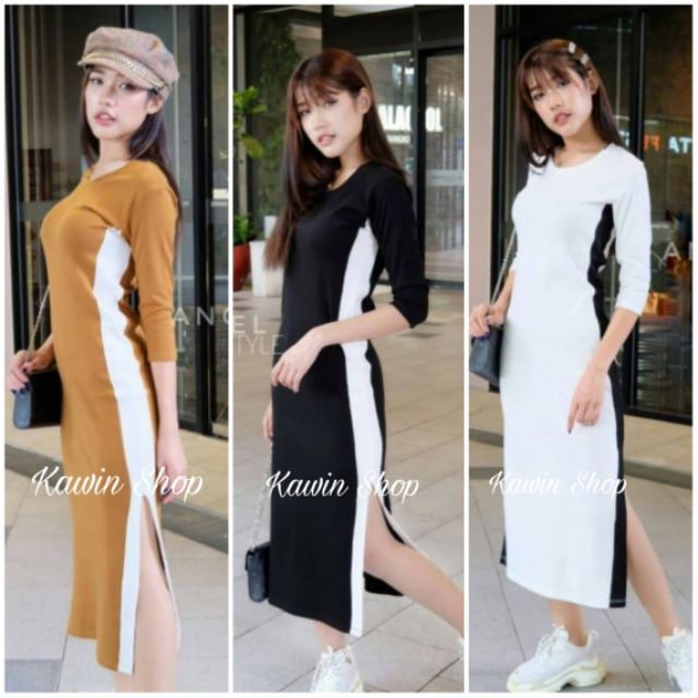 พร้อมจัดTOPSHOP ‼️เดรสยาวผ้าร่องแต่งแถบ ผ่าข้าง ผ้าคอตตอนทอร่อง ใส่สบาย งานป้าย