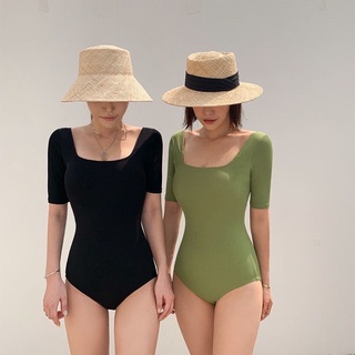 ✨Swimsuit_shop✨ พร้อมส่ง ชุดบิกินี่ ชุดว่ายน้ำ วันพีช แขนสั้นคอเหลี่ยม สีพื้น โชว์หลัง ทรงสวย สำหรับผู้หญิง ❣ #YM1111