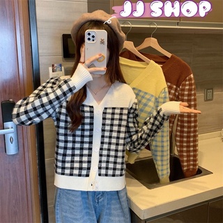 JJ Shop​💜​พร้อมส่ง เสื้อไหมพรมคอวี แขนยาว ลายตาราง3สี ผ้านิ่มน่ารักสไตล์​เกาหลี "88091" -N