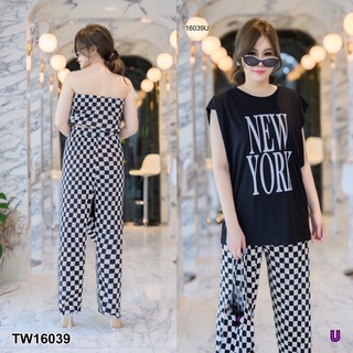 TW16039 Set 3 ชิ้น #สาวอวบ เกาะอก + กางเกงขายาว เอวสูง ผ้าอัดพลีทเล็กพิมพ์ลายตาราง + เสื้อยืดแขนกว้าง เนื้อผ้าคอตตอน