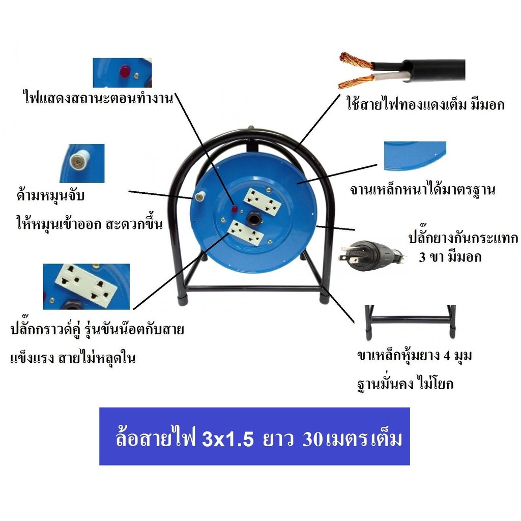 ล้อเก็บสายไฟVCT 3x1.5 sq.mm. ยาว 30 เมตร สายไฟ มอก.มีฟิวส์ **คละสี**