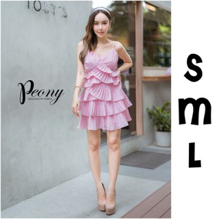 Peony:B1650#🌸 Dolly Pinky Dress:เดรสสายเดี่ยวสีชมพูจับจีบทั้งตัว