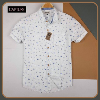 เสื้อเชิ้ตแขนสั้น ผ้า Oxford ลายสามเรือใบ สีขาว มีถึง 4XL